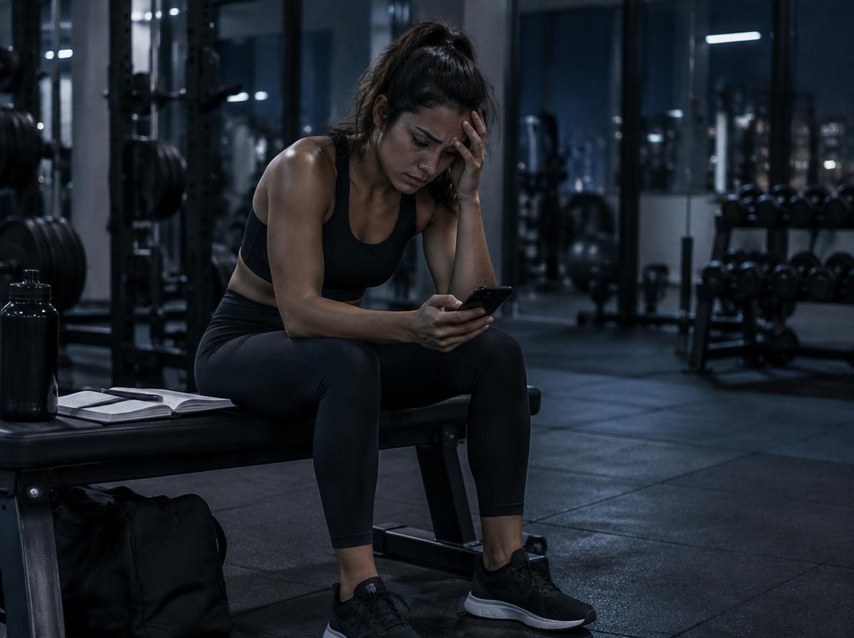 Personal trainer preocupada com a agenda e o celular